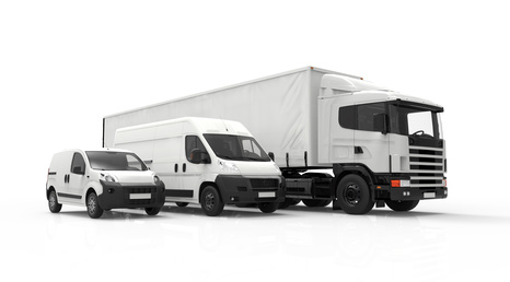 3D rendering of a truck, a van and a lorry isolated on a white background